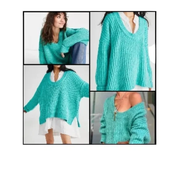 Free People slouchy sweater Knitted Blue Bell V Neck Pullover medium oversized - Picture 2 of 16